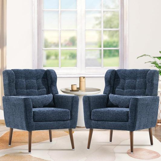 Accent Chair Set of 2, Upholstered Armchair with Pillow, Fabric Single Sofa Chair with Lounge Seat and Wood Legs Accent Chair for Living Room Small Spaces (Dark Blue, Set of 2)