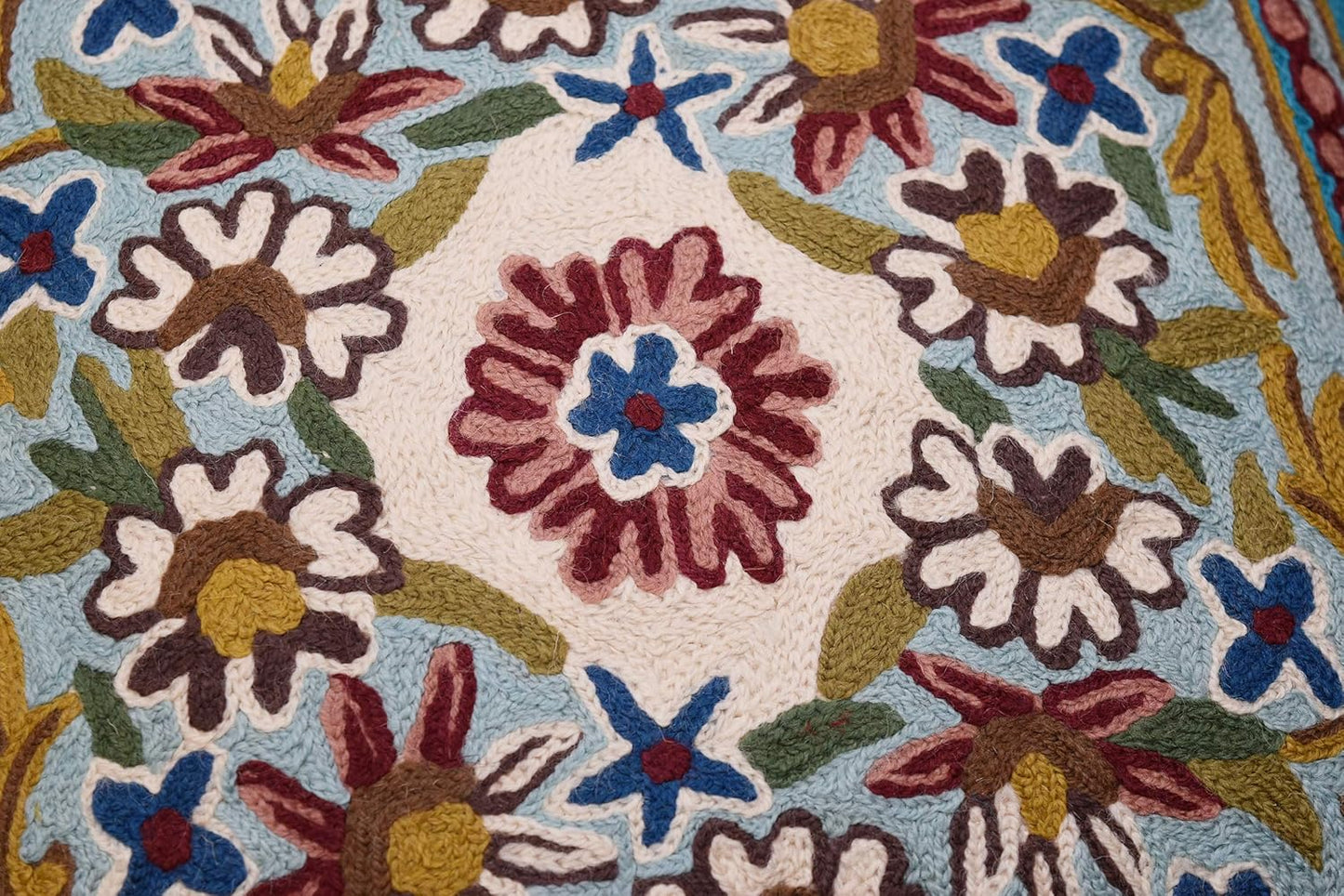 Turquoise Floral Pillow Cover Traditional Blue Flower Pillowcase Traditional Outdoor Cushion Suzani Flower Throw Florals Chair Farmhouse Hand Embroidered Cushions Wool 18x18 Inch