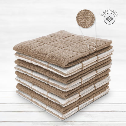 100% Cotton Terry Dish Cloth & Dish Towel, 6 Pack, Super Soft and Absorbent Kitchen Towels, Perfect for Kitchen Cleaning and Dish Washing (TAN (Solid and Checks) 8 Pack)
