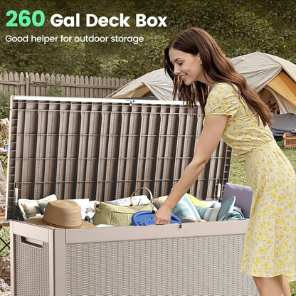 260 Gallon Storage Box, Waterproof Resin Deck Box with Steel Support & Hydraulic Rod, Lockable Storage Bench for Indoor & Outdoor Use, Storage Bin for Patio Cushions, Garden Tools, Grey