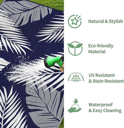 GENIMO Outdoor Rug 9' x 12' Waterproof for Patios Clearance, Reversible Outdoor Plastic Straw Camping Rug Carpet, Large Area Rugs Mats for RV, Camper, Deck, Balcony, Porch, Beach, Navy Blue&White