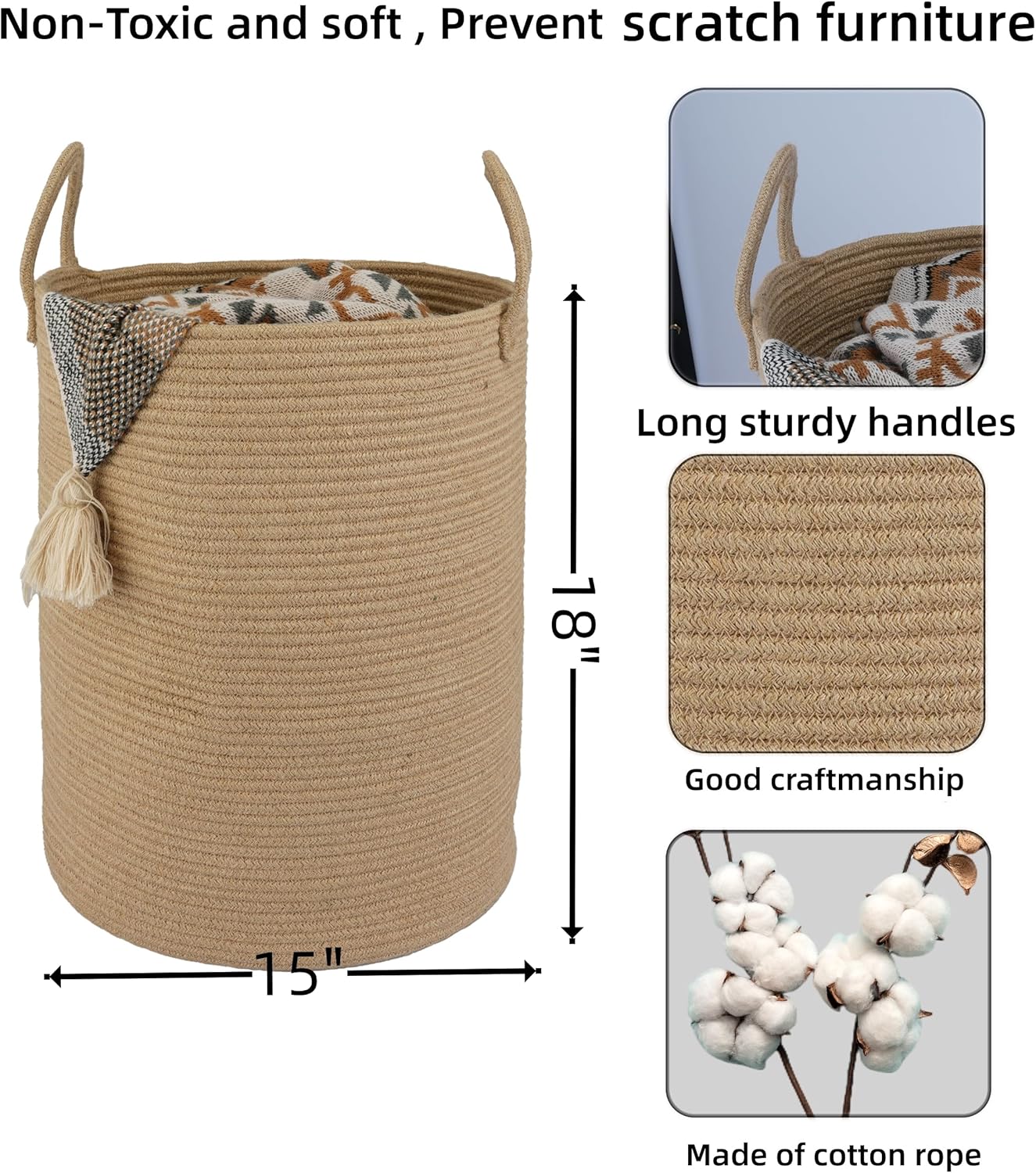 Cotton Rope Laundry Basket Hamper for Clothes Woven Storage Basket for Living Room Bedroom Boho Tall Rope Baskets for Blanket Toys Pillow Towels Baby Nursery Hamper Bin Large jute