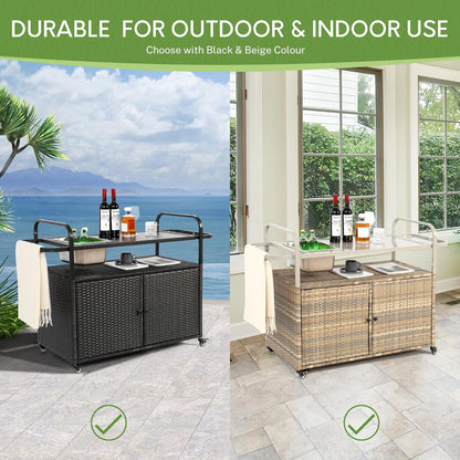 Wicker Outdoor Bar Cart with Ice Bucket, Patio Bar Table with 2 Ratten Doors Cabinet and Casters for Grill, Kitchen and Garden,Black