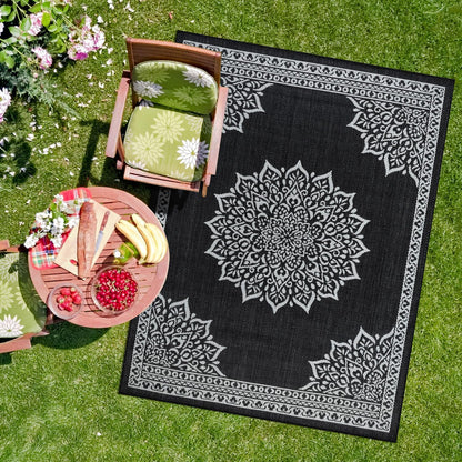 CAMILSON Outdoor Rug, 6x9 Medallion Black White Modern Area Rugs for Indoor and Outdoor Patios, Kitchen and Hallway Mats, Washable Porch Deck Outside Carpet (Medallion Black, 6 x 9)