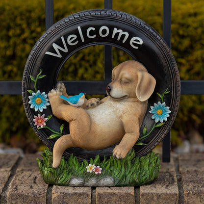 VP Home Chillaxing Welcome Puppy Dog Solar Powered LED Garden Light Welcome Chillax Puppy Statue Outdoor Funny Figurine Decor for Patio, Yard, Lawn