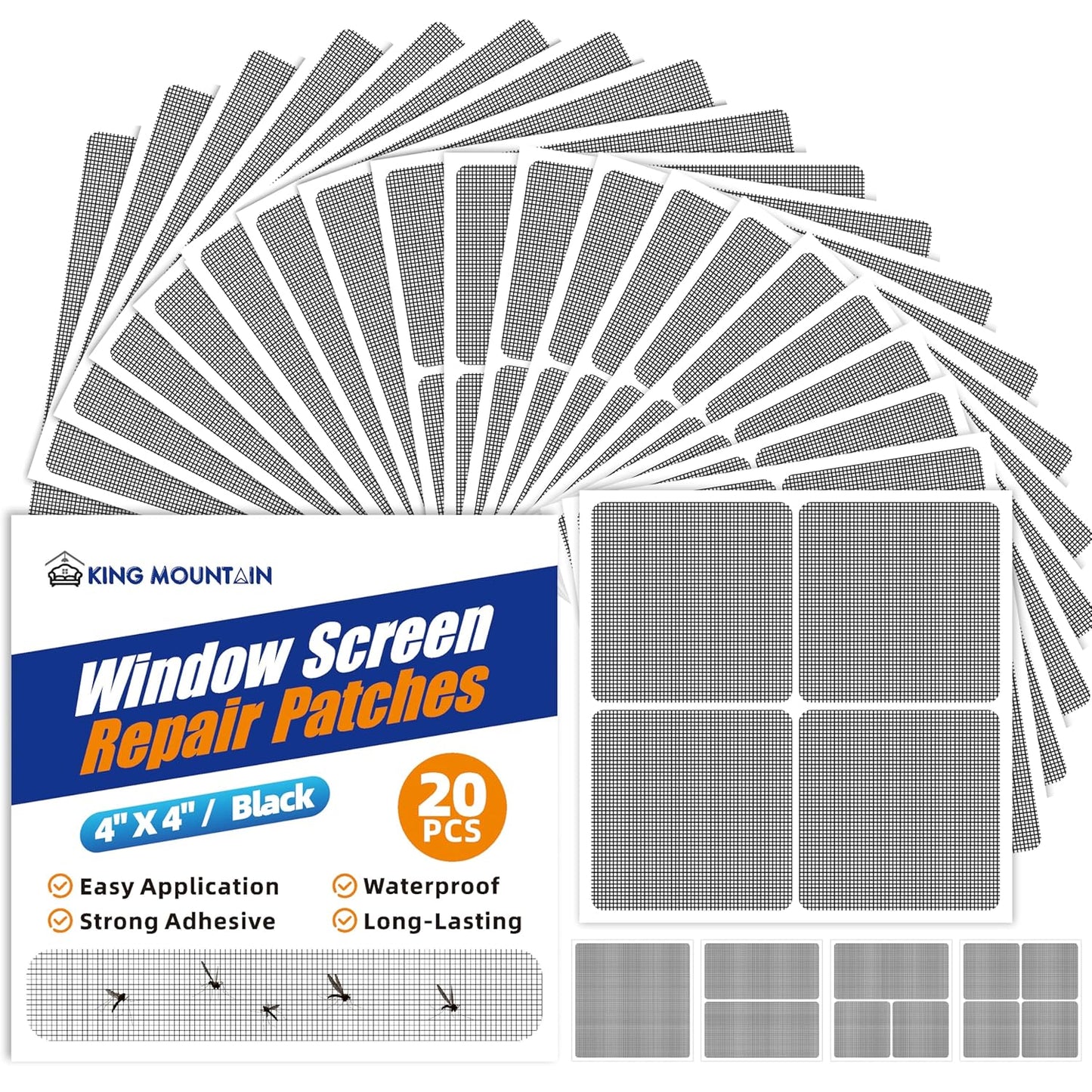KING MOUNTAIN 20 Sheets Black Window Screen Repair Patches,4×4 in Window Screen Repair Kit for Window Screen and Screen Door Tears Holes, Strong Adhesive Screen Tape Mesh Repair,Quick & Waterproof