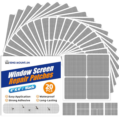 KING MOUNTAIN 20 Sheets Black Window Screen Repair Patches,4×4 in Window Screen Repair Kit for Window Screen and Screen Door Tears Holes, Strong Adhesive Screen Tape Mesh Repair,Quick & Waterproof