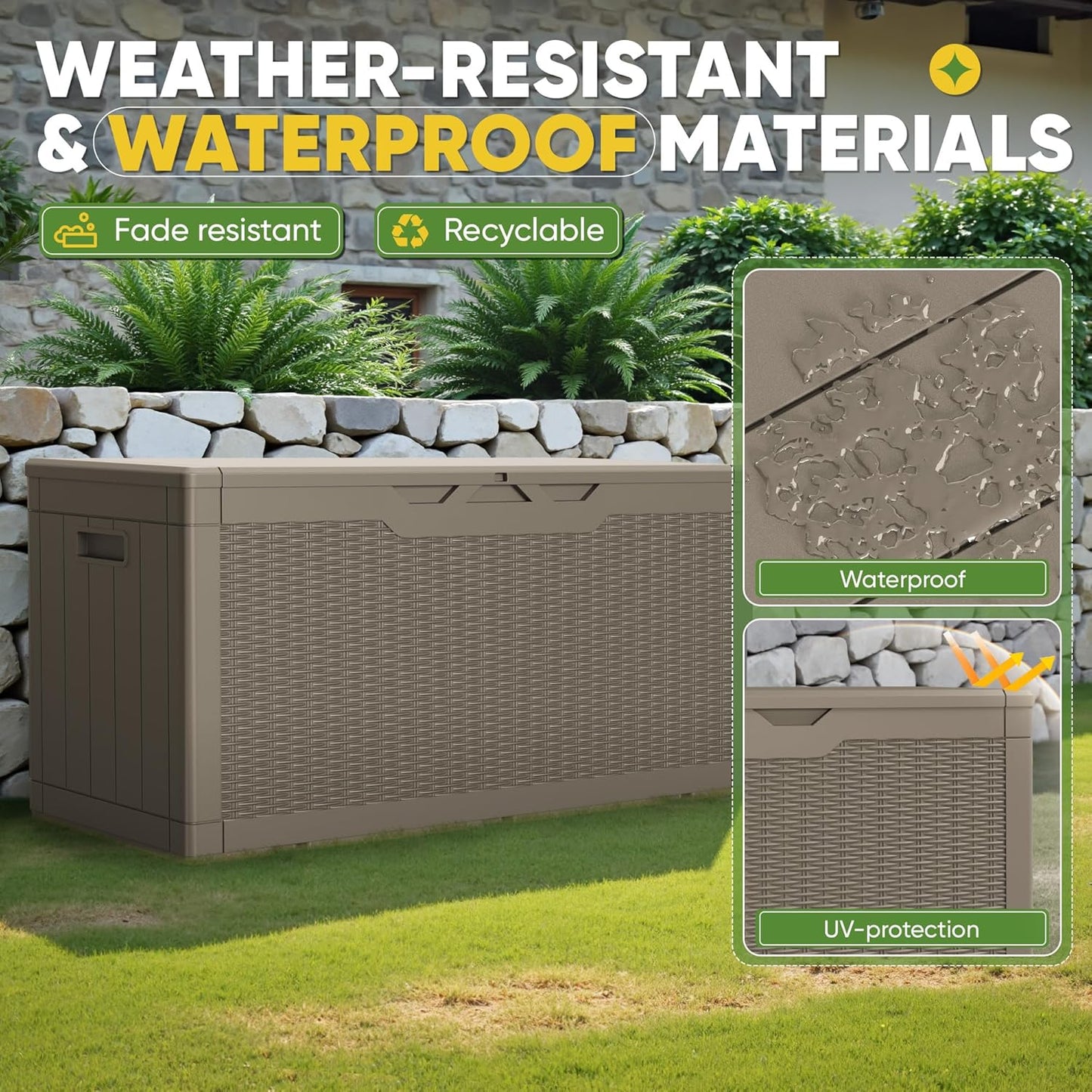 Greesum 100 Gallon Resin Deck Box Lockable Large Outdoor Storage Boxes for Garden Tools, Patio Furniture Cushions, Pool Supplies, Light Coffee