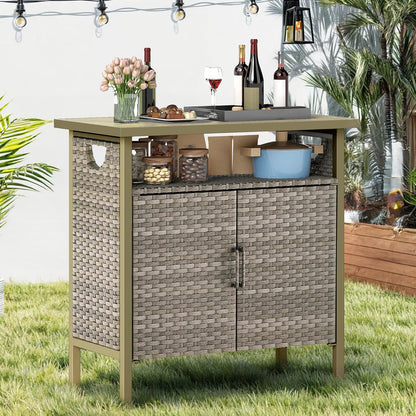 DWVO Patio Storage Cabinet, Outdoor Buffet Cabinet with Two Doors and Shelves, Outdoor Storage Table with PE Rattan for Patio, Backyard, Garden - Light Brown