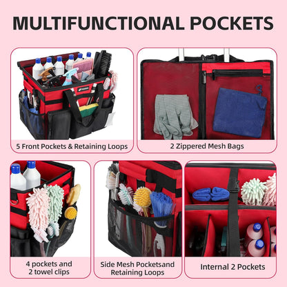 Rolling Cleaning Caddy Bag with Wheels, Large Cleaning Cart Detachable Trolley, Cleaning Bags for Housekeepers With Shoulder Strap & Multi Pockets for Cleaning Tools Storage (Red)