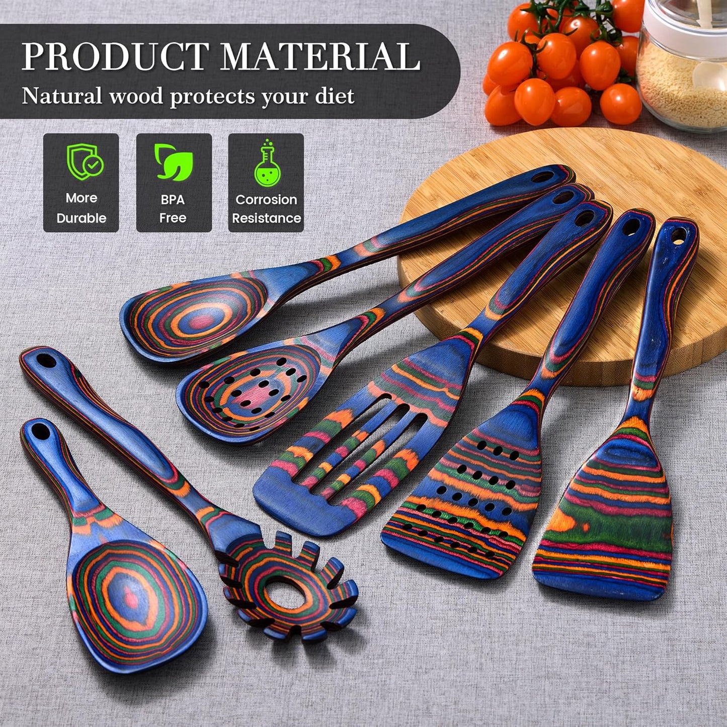 Heat-Resistant Wood Cooking Utensils - 7pc Set, Eco-Friendly, Includes Spatula, Pasta & Slotted Spoons, Essential Kitchen Tool