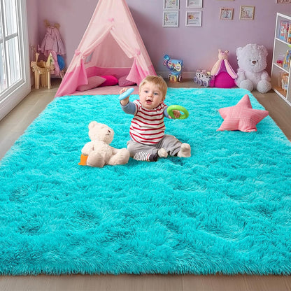 Rezutan Soft Fluffy Rug for Living Room Bedroom, Large Comfy Modern Shaggy Fuzzy for Plush Indoor Nursery Classroom Home Decor Bedside Rug with Non-Slip Bottom, Teal Blue, 5X7 Feet