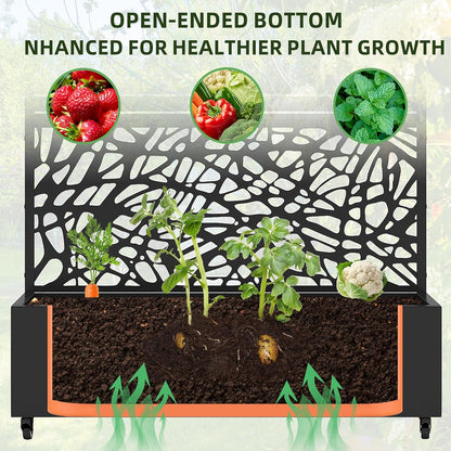 Casaphoria Metal Raised Garden Bed with Trellis and Wheels, 72"x47"x16" Planter Box for Climbing Plants, Vegetables & Vines, Features Drainage Holes and Privacy Screen, Black(Net&Helen)