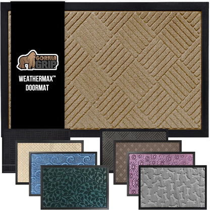 GORILLA GRIP 100% Waterproof All-Season WeatherMax Doormat US Designed Natural Rubber, Stain and Fade Resistant, Low Profile Indoor Outdoor Door Mats, Easy Clean Patio Mat, 23x35, Beige Diamond