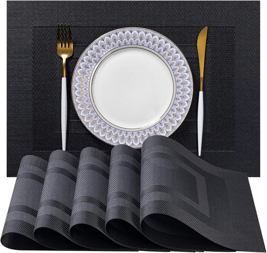 LEXMORE Placemats Set of 8 Vinyl/Plastic Woven Place Mats for Kitchen Table Indoor/Outdoor Washable Placemat Wipeable Dining Table Mats(Black Cube)