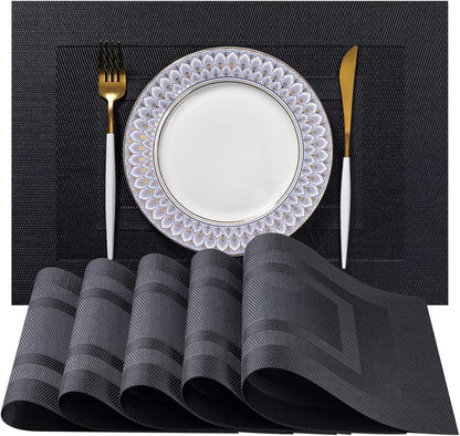 LEXMORE Placemats Set of 4 Vinyl/Plastic Woven Place Mats for Kitchen Table Indoor/Outdoor Washable Placemat Wipeable Dining Table Mats(Black Cube)