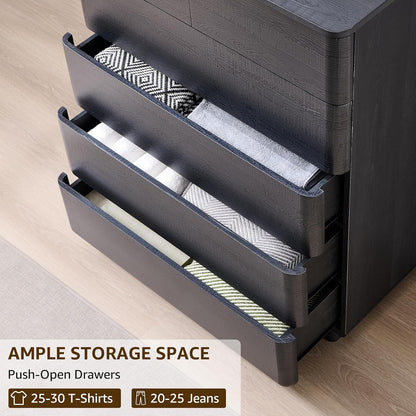 6 Drawer Dresser for Bedroom, 42 Inch Tall Modern Chest of Drawers, Push-to-Open Wood Storgae Organizer with Large Drawers for Bedroom, Living Room, Hallway, Black