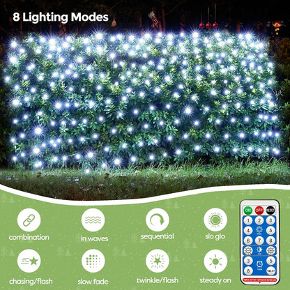 WBao Solar Christmas Lights Outdoor 200LED 8.4ft x 5.2ft Christmas Net Lights with Remote, 8 Lighting Modes, Timer, Waterproof for Lawn, Bushes, Shrubs, Trees Outdoor Christmas Decorations, Cool White
