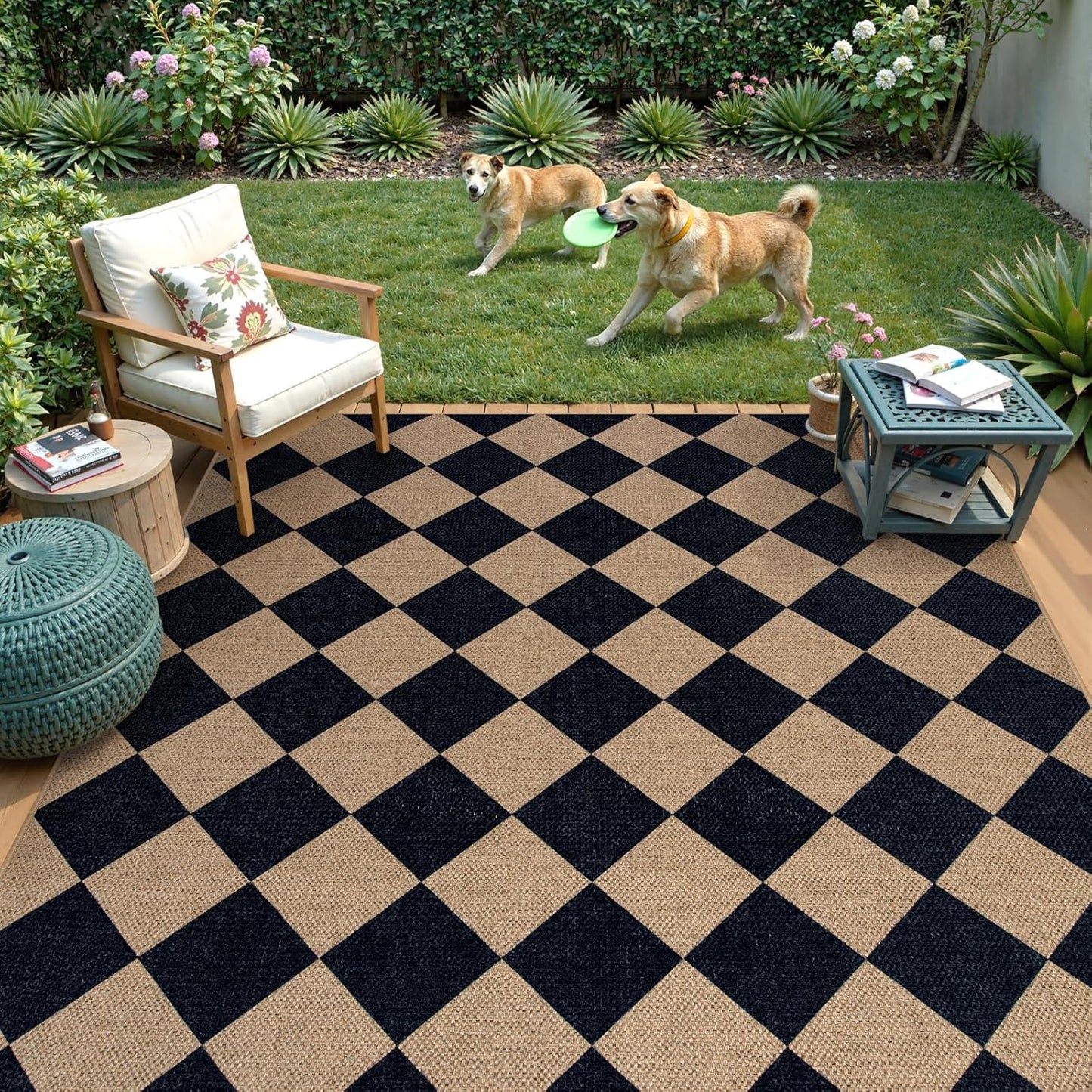 Lahome Checkered Easy Jute Outdoor Rug, 5x7 Area Rugs for Living Room Nature Large Dining Room Carpet, Farmhouse Outdoor Patio Non Slip Diamond Carpet for Home Office Bedroom Backyard Deck
