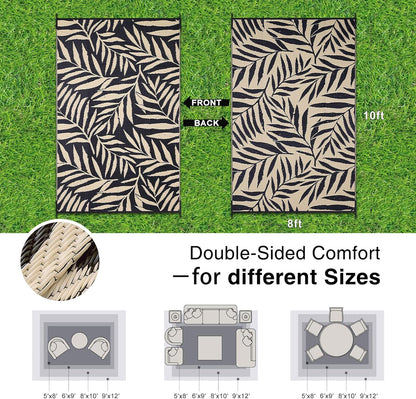 OLANLY Waterproof Outdoor Rug 8x10 ft, Reversible Outdoor Plastic Straw Rug with Leaf Pattern, RV Mat, Indoor Outdoor Carpet for Patio, Camping, Balcony, Deck, Backyard, Black & Beige