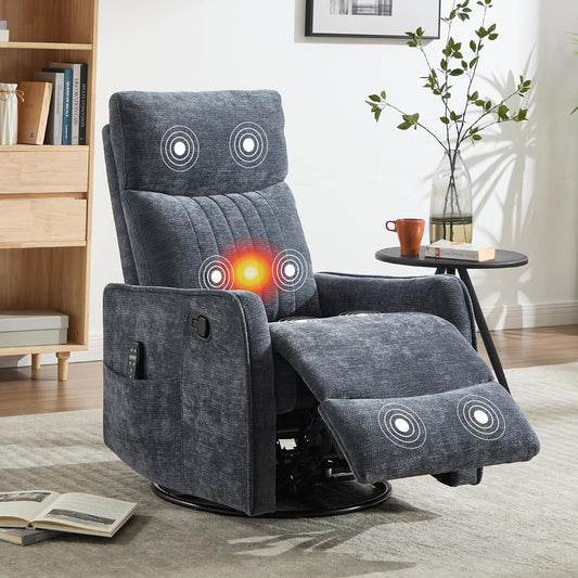 Manual Swivel Rocker Recliner Chair for Adults, Overstuffed Reclining Glider Chair for Nursing with Vibration Massage & Heat, Living Room Rocking Recliner 2-Stage backrest, Chenille Fabric Blue