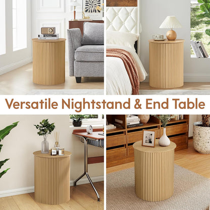 AVZEAR Small Round Side Table Fluted Night Stand Set of 2, Modern Boho End Table with Storage, 17.7" Circle Bedside Tables Wood Nightstands for Small Spaces, Living Room, Bedroom (Natural)