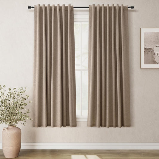 BOODII 63 Inch Blackout Curtains Linen Black Out Curtains for Bedroom 2 Panels Set Neutral Room Darkening Curtain Brown Thermal Insulated Curtain for Nursery Window Drapes Back Tab 52x63