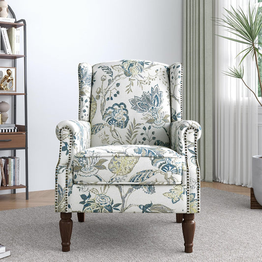 Lumibee High Back Accent Chair Set of 2, Armchair in Fabric,Comfy Upholstered Wingback Single Sofa Reading Chairs with Solid Wood Legs for Living Room,Bedroom,Office-Plants Blue