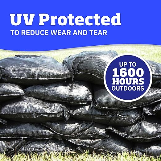 DURASACK Heavy Duty Sand Bags with Tie Strings Empty Woven Polypropylene Sand-Bags for Flood Control with 1600 Hours of UV Protection, 50 lbs Capacity, 14x26 inches, Black, Pack of 50