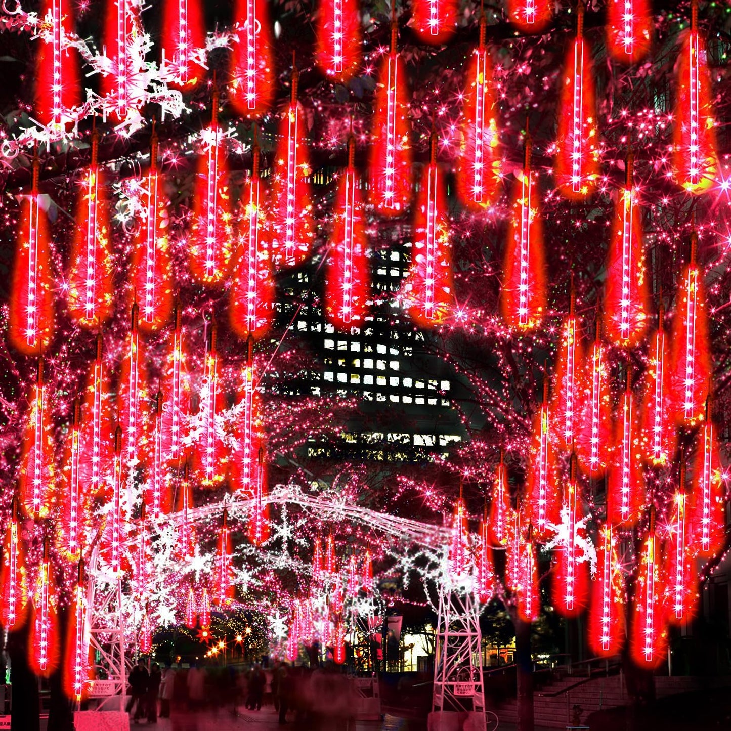 【4 Pack】 Christmas Meteor Shower Rain Lights 12inch, Totally 40 Tube 960 LEDs Icicle Lights Outdoor Raindrop Light for Xmas Halloween Wedding Party Tree Holiday Decoration, Red