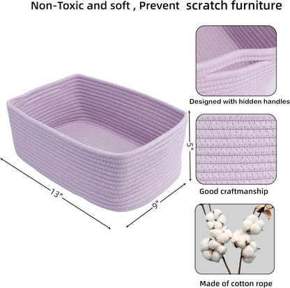 Small Woven Storage Baskets 13“X9”X5“ Decorative Rope Bins for Organizing Shelves, Closets, and Toys, Empty Gift Baskets, Cute Organizer Basket for Home and Office (purple, Large)