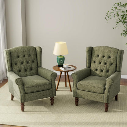 Accent Chair, Upholstered Armchair with Button Tufted High Back & Solid Wood Legs, Comfy Wingback Reading Single Sofa Chair for Small Spaces, Living Room, Bedroom (Green, Set of 2)