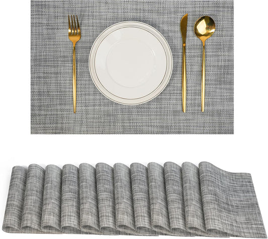 Placemats Set of 12，Non-Slip PVC Weave Table Placemats Easy to Clean，Heat Resistant Place Mats for Kitchen Dining Table Decoration Indoor Outdoor，Gray