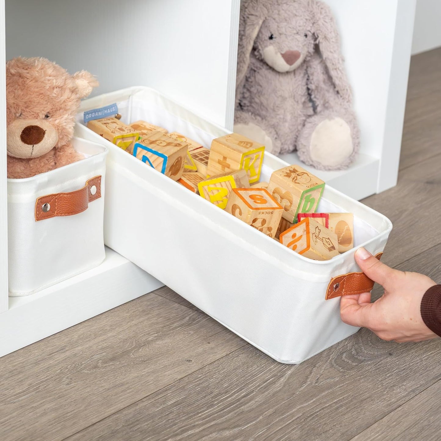 OrganiHaus Narrow Storage Bins 15x06in, Small Closet Bins for Shelves, Bathroom Storage Baskets for Shelves, Narrow Baskets, Fabric Organizer with Handles, Toilet Paper Organizer - 2 Pack, Off-White