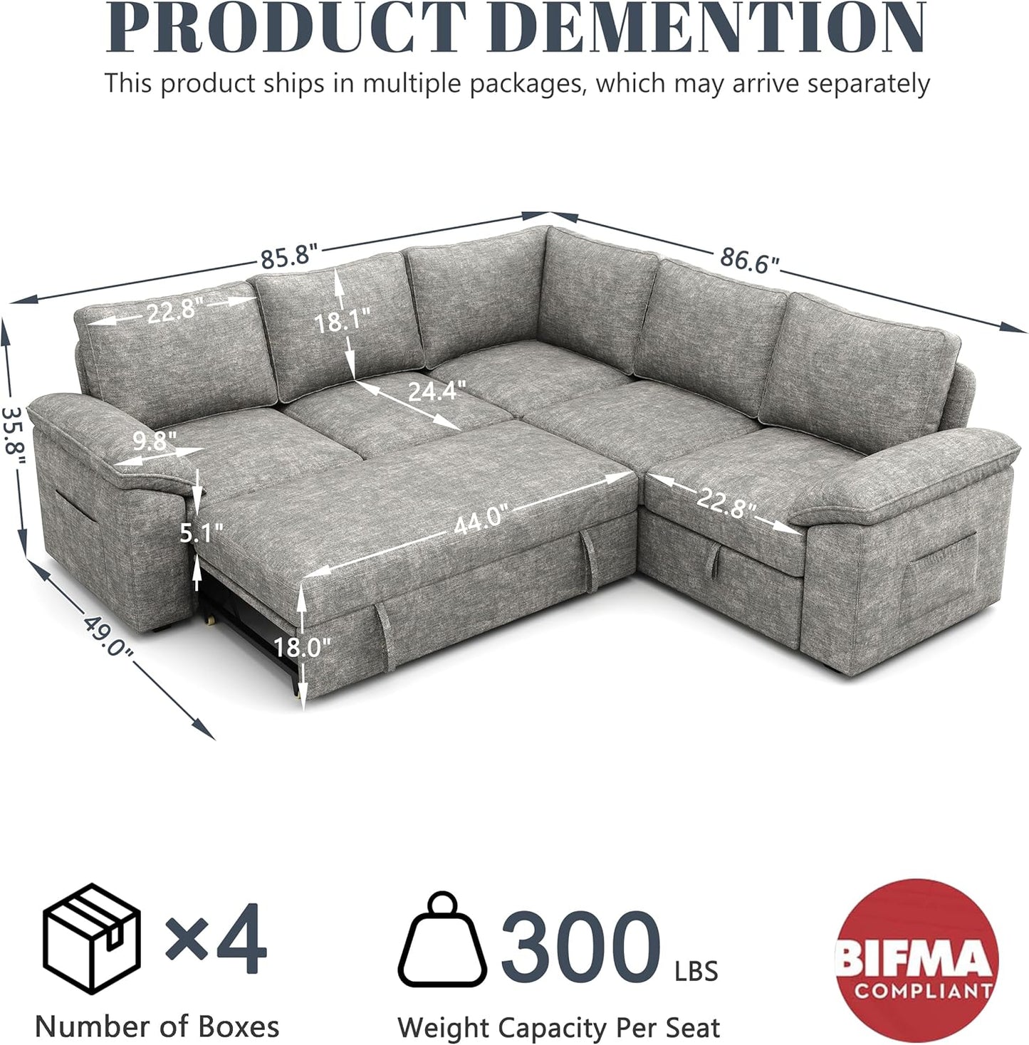 85 Inch Modular Sectional Sofa with Pull Out Bed,L Shaped 5 Seat Sectional Sleeper Sofa with Storage,Sectional Couches for Living Room,Cloud Modular Couch,Removable Sofa Cover,Light Gray