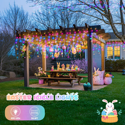 JMEXSUSS 400 LED 38.8 FT Easter Lights String Outdoor, Connectable Pastel Icicle Lights Indoor Outdoor for Easter Spring House Garden Party Decorations