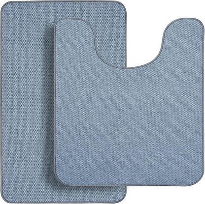 Bathroom Rugs Set 2 Pieces,Thin Bathroom Mats,Toilet Rugs,Quick Dry,Non-Slip,Machine Washable,Low Pile,Absorbent Bath Mats,Shower,Sink,Home Decor Accessories.Blue,1'5"x2'3"+1'8"x2" U Shape
