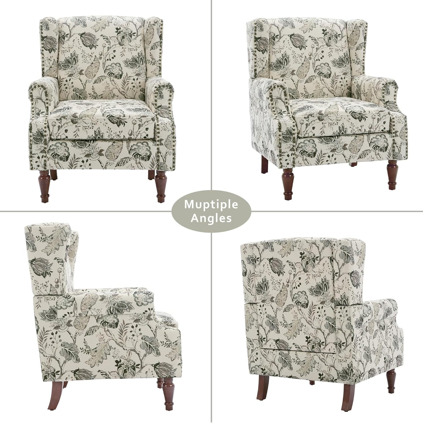 Lumibee Wingback Accent Chair, 2 Set High Back Floral Armchairs in Fabric,Comfy Upholstered Reading Single Sofa Chairs with Solid Wood Legs for Living Room,Bedroom,Office-Plants Beige