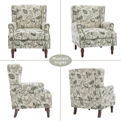 Lumibee Wingback Accent Chair, 2 Set High Back Floral Armchairs in Fabric,Comfy Upholstered Reading Single Sofa Chairs with Solid Wood Legs for Living Room,Bedroom,Office-Plants Beige