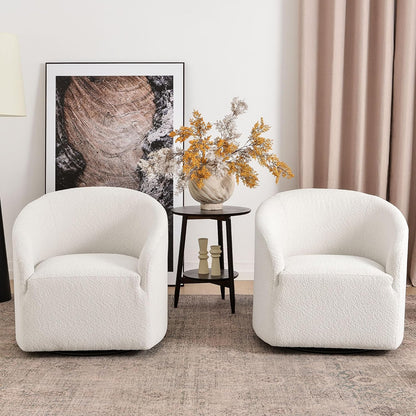 KINWELL 32" Wide Modern Boucle Swivel Barrel Chairs Set of 2, No Assembly Round Upholstered Swivel Accent Armchairs for Living Room, Bedroom (White)