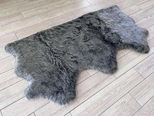 LAMBZY Faux Sheepskin Super Soft Hypoallergenic Free Shape Silky Shag Rug, Luxury Shaggy Plush Carpet for Bedroom Living Kids Room Sofa Rugs (Black with White Tips, Triple Side by Side 3'x6')