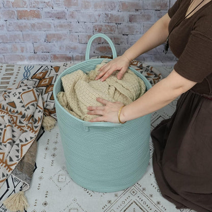 Cotton Rope Laundry Basket Hamper for Clothes Woven Storage Basket for Living Room Bedroom Boho Tall Rope Baskets for Blanket Toys Pillow Towels Baby Nursery Hamper Bin Large light green