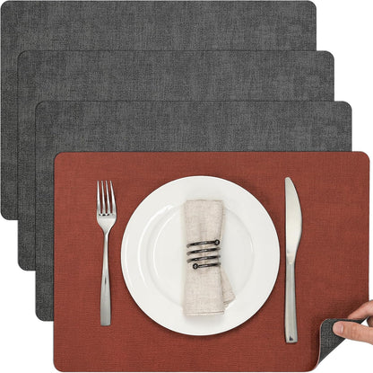 Myir JUN Dual Sided Faux Leather Placemats Set of 4 for Indoor Outdoor Dining Tables, Square Non-Slip Washable Wipeable Table Mats (Gray Terracotta)