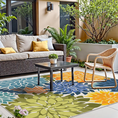 Indoor Outdoor Area Rug Washable Multicolored Patio Rug Tropical Botanical Modern Floral Indoor Outdoor Carpet Non Slip Yellow Green Rug Non Shedding for Patio, Deck, Backyard, Porch (5x8)