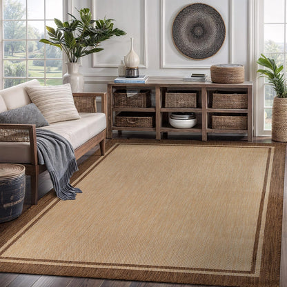 CAMILSON Outdoor Rug 6x9 Bordered Natural Brown Modern Area Rugs for Indoor and Outdoor Patios, Kitchen and Hallway Mats, Washable Porch Deck Outside Carpet (Border Jute, 6 x 9)