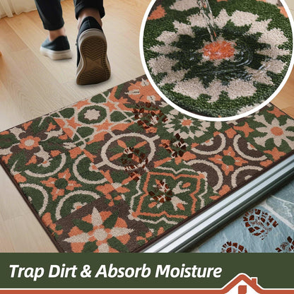 BEQHAUSE Dirt Trapper Door Mat 20" x 32", Non-Slip Entryway Rugs Washable, Floor Mat Stain Resistant and Absorbent Welcome Mat for Front Back Door, Muddy Wet Shoes & Paws, Boho Geometric Floral