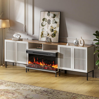 3-Sided Glass Farmhouse Fireplace TV Stand for TVs Up to 100 Inch, Entertainment Center with 36" Electric Fireplace, TV Console with Storage Cabinets for Living Room, Antique White