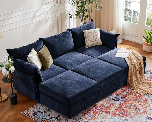 102.6" Luxury Modular Sleeper Sofa Bed 6 Seat Reversible Sectional Couch Deep Seat with Storage Chaises Removable Cover for Living Room, Apartment - Chenille Blue