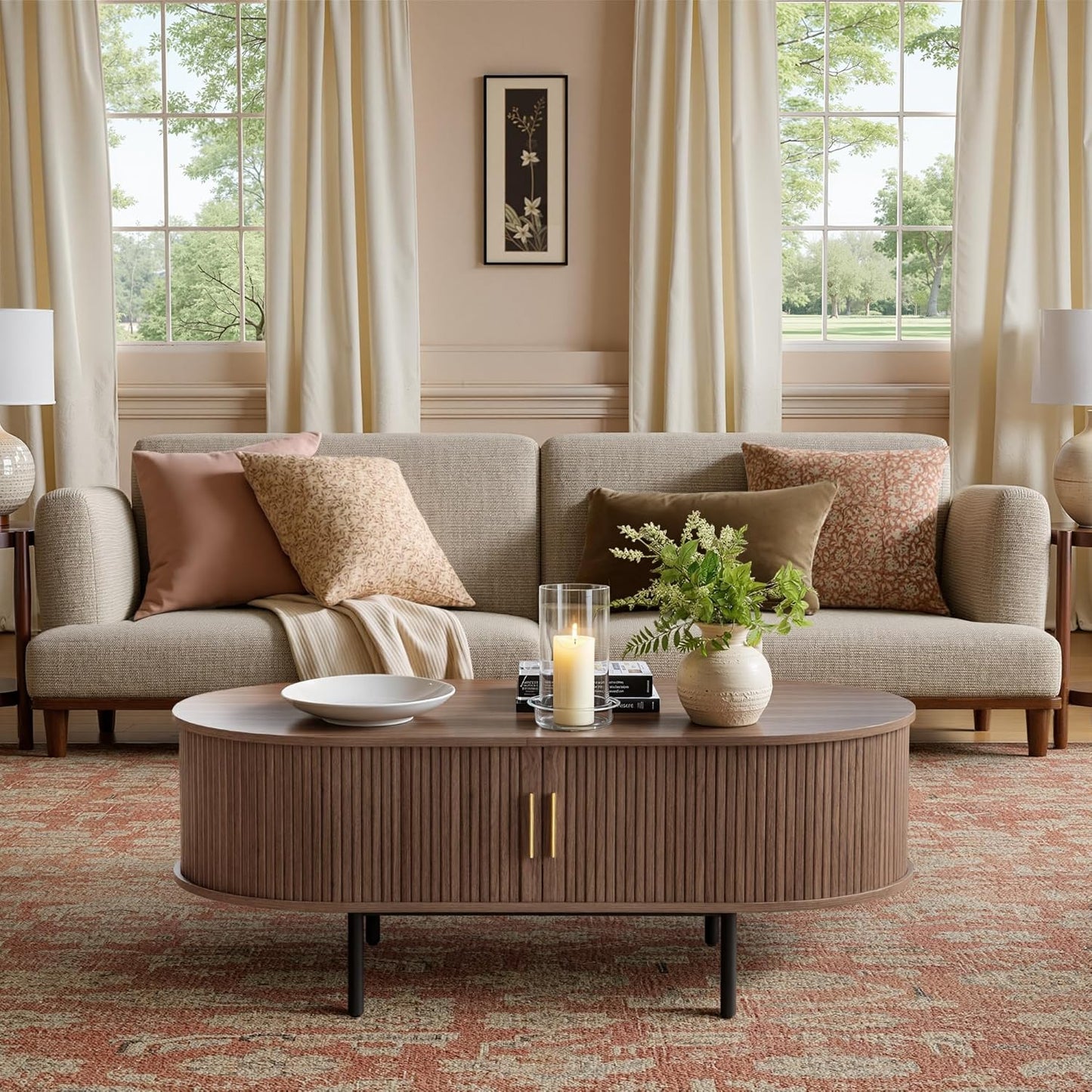 Mid Century Modern Coffee Table, 47.2" Oval Fluted Coffee Table with Storage and Sliding Doors, Minimalist Tea Table with Wood Grain Veneer, Retro Center Tables for Living Room, Walnut