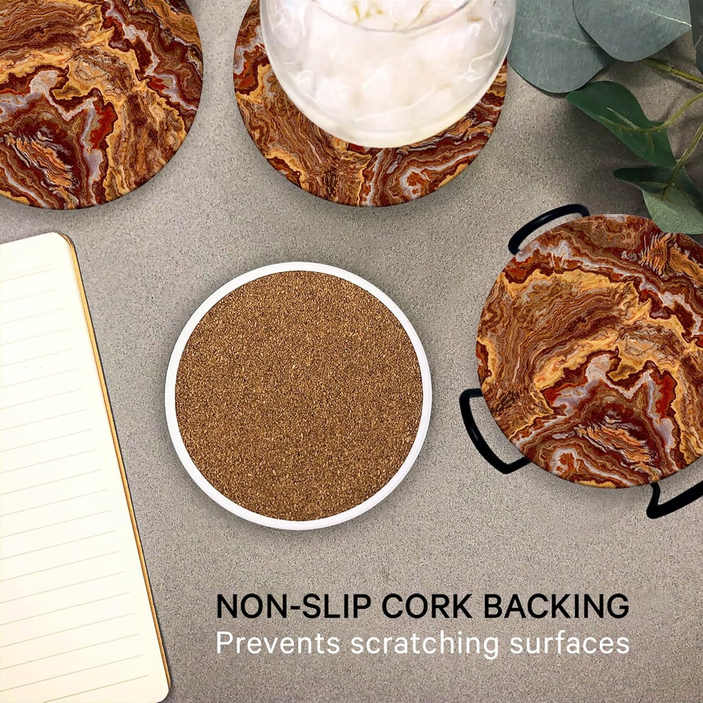 Emerson Coasters for Drinks Absorbent Set of 6 with Holder – Marble Style Coasters – Coasters for Drinks – Drink Coasters for Coffee Table – 100% Ceramic Stone Non Slip – Heavy Duty (Ember)